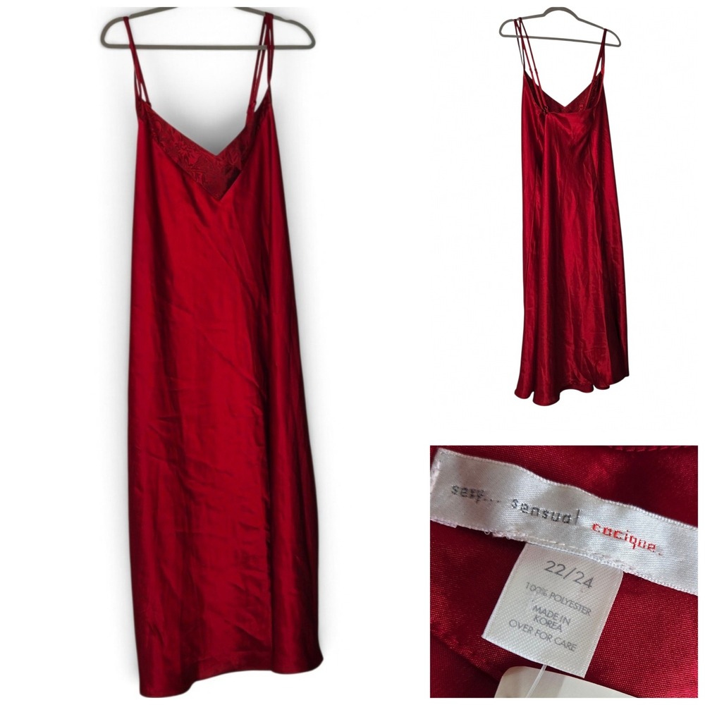 Cacique Sexy Sensual Red Satin Nightgown Plus Size 22/24 Floral Trim Chemise